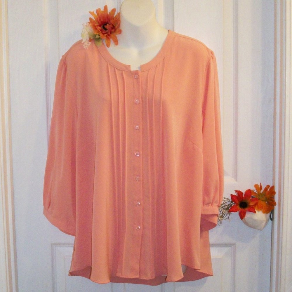 N TOUCH 1X Button Down Shirt Orange Sherbet 3/4 Sleeve Stretch Fabric